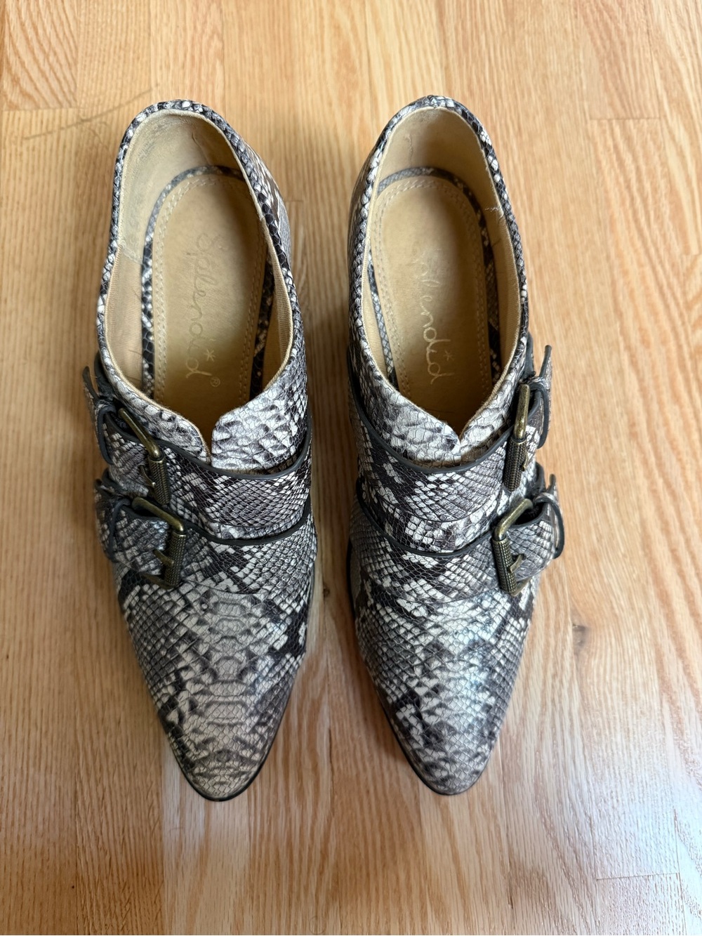 Anthropologie Snakeskin Double-Buckle Pointed Ankle Booties in Black and Tan - Picture 6 of 8